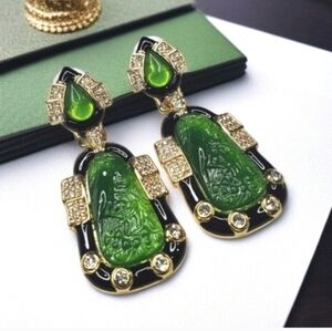 Exquisite Luxury Oversized Gold Onyx Enamel Jade Lucite Earrings